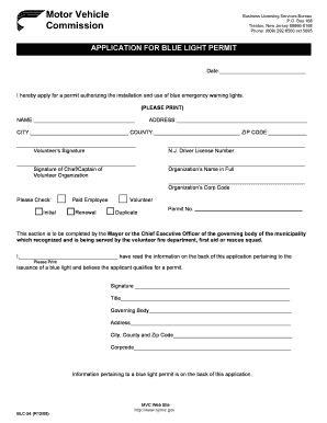 New Jersey Blue Emergency Warning Light Permit Application