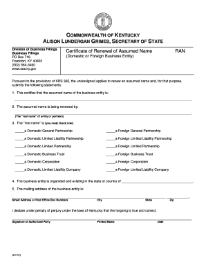 Kentucky Assumed Name Renewal Certificate