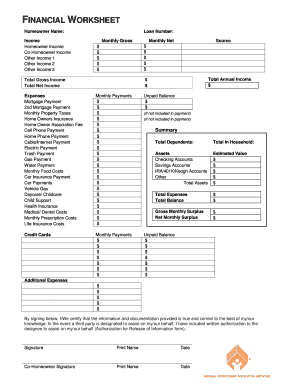 Financial Worksheet for Mortgage Assistance