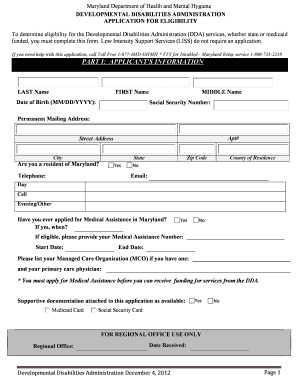 Maryland DDA Application for Eligibility