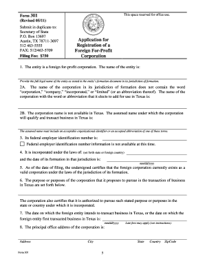 Texas Form 301 Foreign For-Profit Corporation Registration
