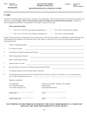New Jersey Alternate Name Registration Form C-150G