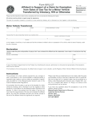 Massachusetts Motor Vehicle Tax Exemption Affidavit