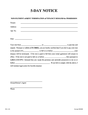 Arizona 5-Day Notice for Non-Payment of Rent