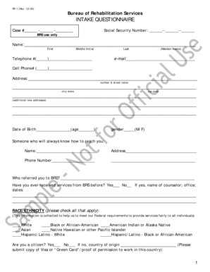 Bureau of Rehabilitation Services Intake Questionnaire