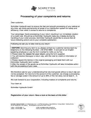 Schmitter Hydraulik Return and Complaint Form