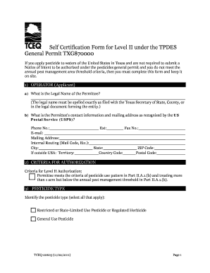 Self Certification Form for Level II under the TPDES General Permit TXG870000