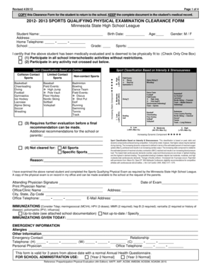 Minnesota Sports Qualifying Physical Examination Clearance Form
