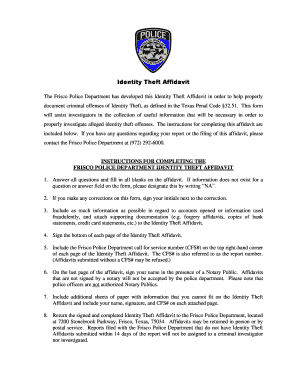 Frisco Police Department Identity Theft Affidavit