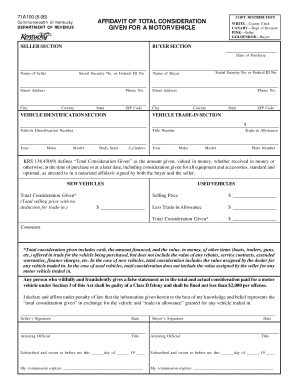 Kentucky Affidavit of Total Consideration for Motor Vehicle