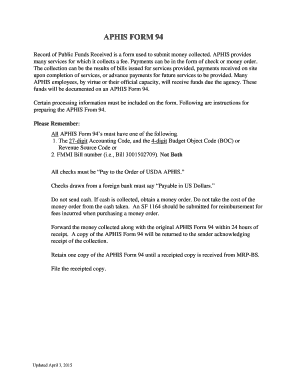 APHIS Form 94 Record of Public Funds Received