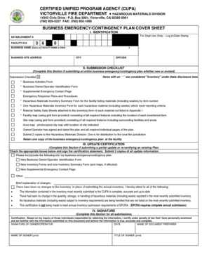 Business Emergency Contingency Plan Cover Sheet