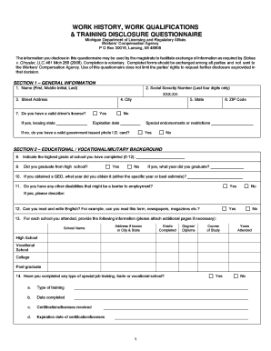 Michigan Workers Compensation Work History Questionnaire