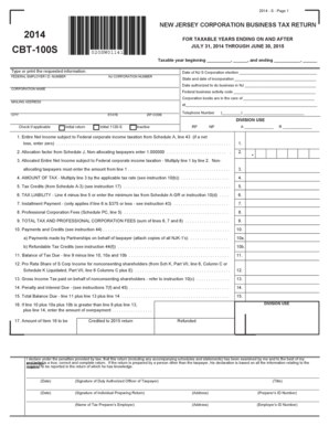 New Jersey Corporation Business Tax Return