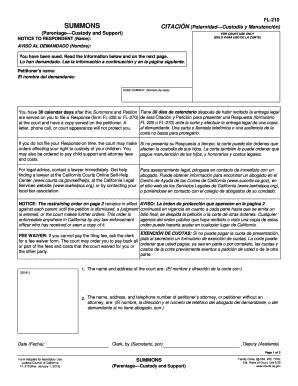 California Summons for Parentage Custody and Support