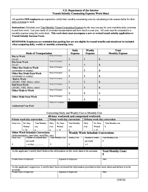 Transit Subsidy Commuting Expense Work Sheet