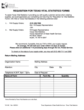 Texas Vital Statistics Forms Requisition