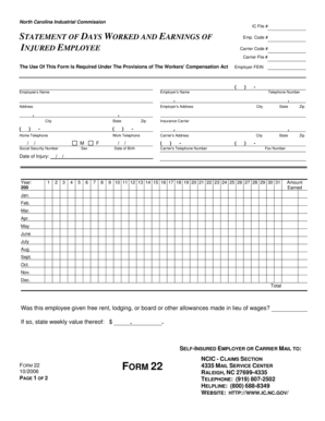 North Carolina Form 22 - Statement of Days Worked and Earnings