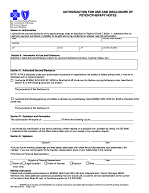 Authorization for Use and Disclosure of Psychotherapy Notes