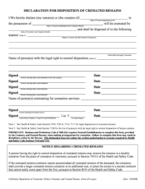 Declaration for Disposition of Cremated Remains