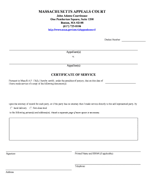 Massachusetts Appeals Court Certificate of Service