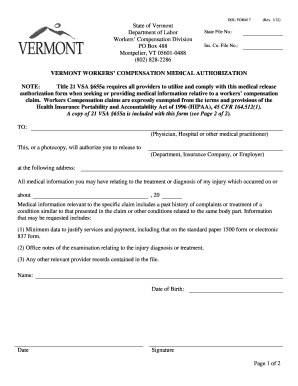 Vermont Workers' Compensation Medical Authorization