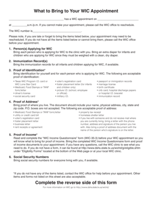 WIC Appointment Checklist