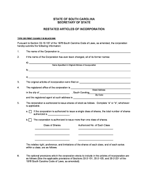 South Carolina Restated Articles of Incorporation