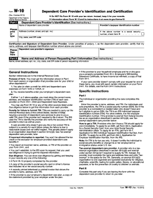 Form W-10 Dependent Care Provider Certification