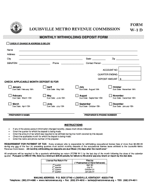 Louisville Metro W-1D Monthly Withholding Deposit Form