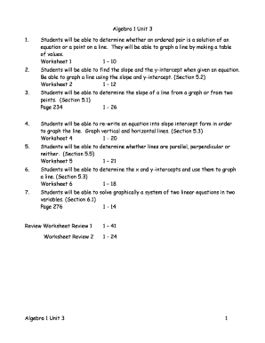 Algebra 1 Unit 3 Worksheet