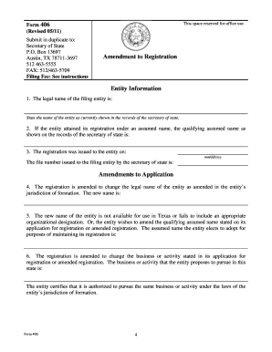 Texas Form 406 Amendment to Registration