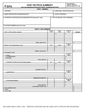 EPA Cost or Price Summary Form