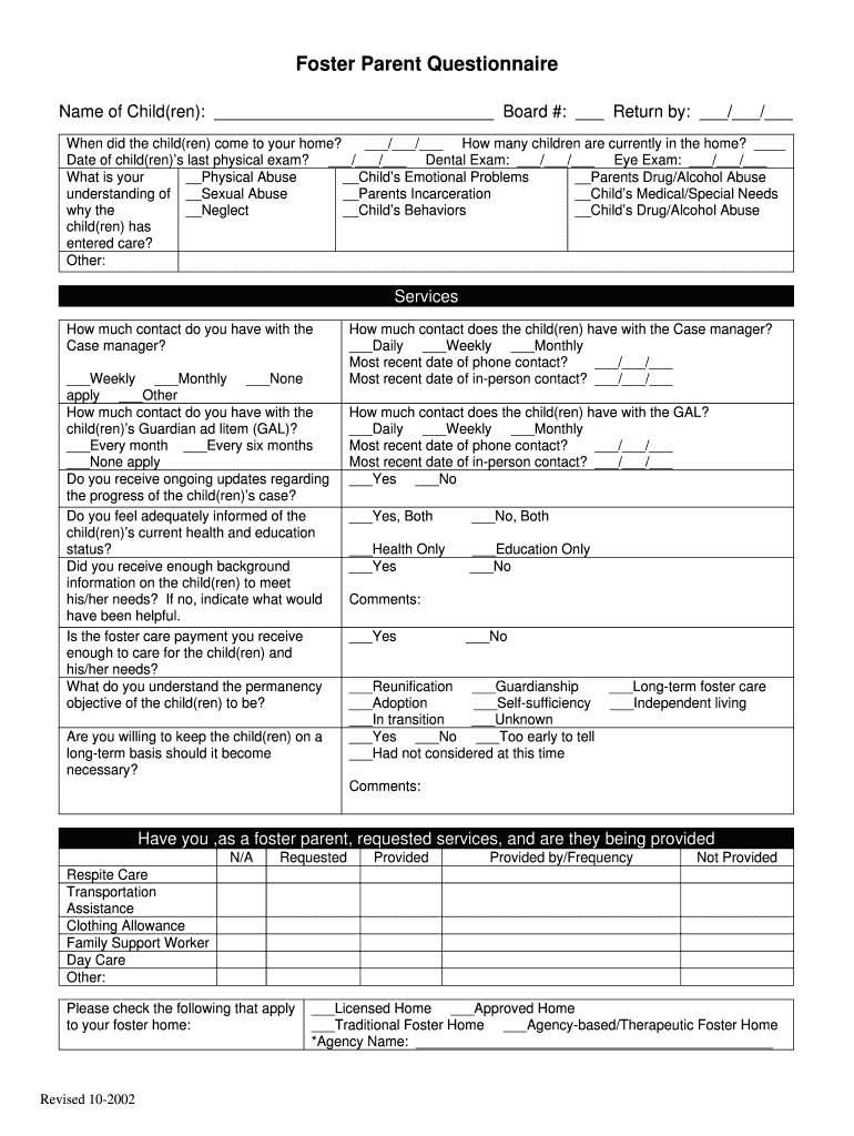 Fillable Online Foster Parent Questionnaire Foster Care Review Board