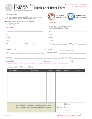 Federal Prison Industries Credit Card Order Form