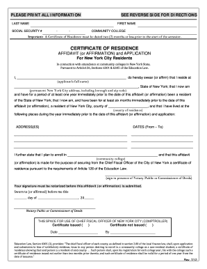 New York Certificate of Residence