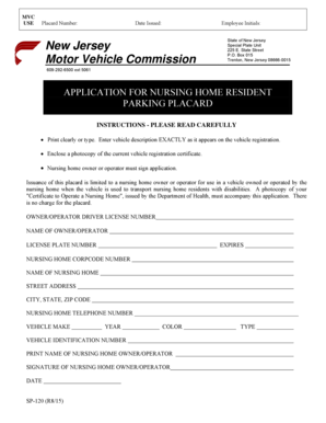 New Jersey Nursing Home Parking Placard Application