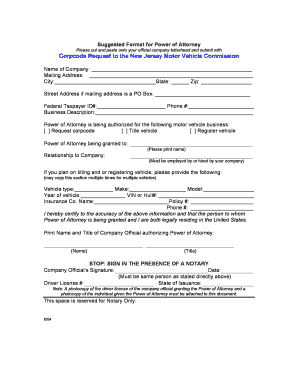 New Jersey Power of Attorney for Motor Vehicle