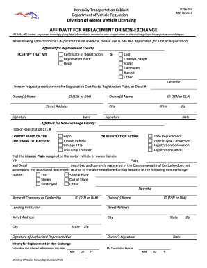 Kentucky Vehicle Replacement or Non-Exchange Affidavit