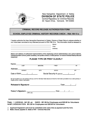 New Hampshire School Employee Criminal Record Release Authorization
