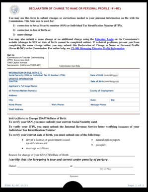 Declaration of Change to Name or Personal Profile (Form 41-NC)