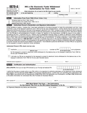 IRS Form 8878-A Electronic Funds Withdrawal Authorization