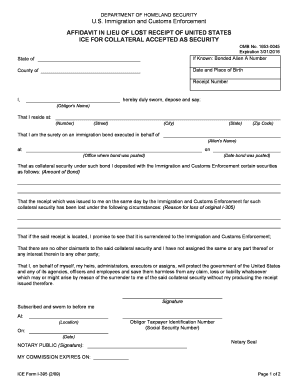 Affidavit in Lieu of Lost Receipt for US Immigration Bond