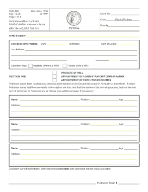 Kentucky Probate of Will and Appointment of Executor Form