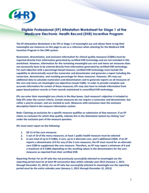 Medicare EHR Incentive Program Stage 1 Attestation Worksheet