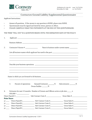 Contractors General Liability Supplemental Questionnaire