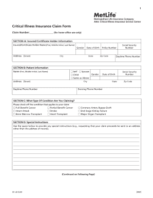 Metropolitan Life Critical Illness Insurance Claim Form