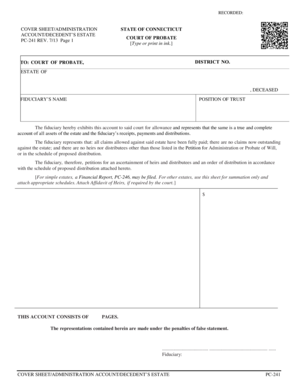 Connecticut Probate Cover Sheet for Decedent's Estate