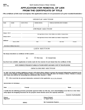 North Carolina Lien Removal Application