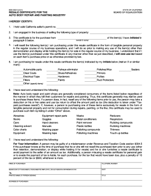 California Resale Certificate for Auto Body Repair